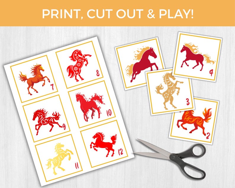 May include: A printable game featuring illustrated horses in red, orange, and gold, with numbers 2 through 12. The text "PRINT, CUT OUT & PLAY!" is at the top. Scissors are next to the game pieces.