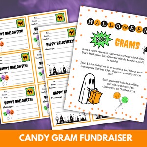 May include: Printable Halloween Boo Grams fundraiser cards with orange and black accents. The cards feature a ghost holding a bag of candy and the text "Halloween Boo Grams". The text on the cards reads "Send a spooky treat to support our school's fundraiser. Buy a Halloween Boo Gram for friends, teachers, staff, or family! Send $1 for each gram in an envelope and fill out your message by October 25th. Purchase as many as you like! Each gram will include a lollipop and will be delivered to classrooms on October 31st."