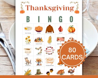 May include: A Thanksgiving Bingo card game with 80 cards. The card features images of traditional Thanksgiving foods, decorations, and activities, such as sweet potatoes, hot rolls, a turkey, and a rocking chair. The card also includes a free space and a "Happy Thanksgiving" banner.