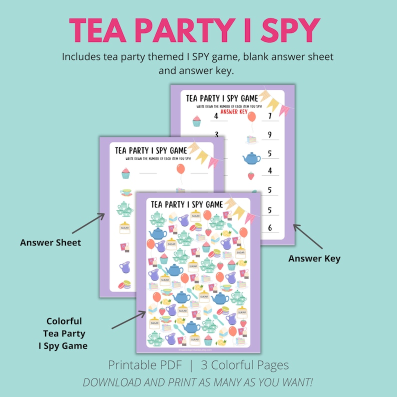 Tea Party I SPY Game, Tea Party Games for Kids, INSTANT Download, Kids