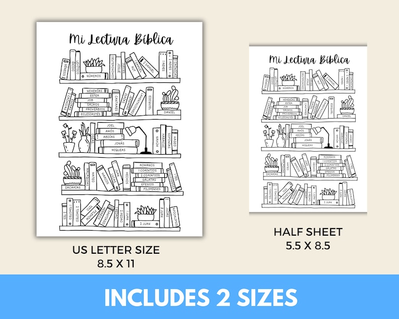 May include: A black and white printable design of a bookshelf with the title "Mi Lectura Biblica" and the names of books of the Bible in Spanish. The design is available in two sizes: US Letter (8.5 x 11 inches) and Half Sheet (5.5 x 8.5 inches).