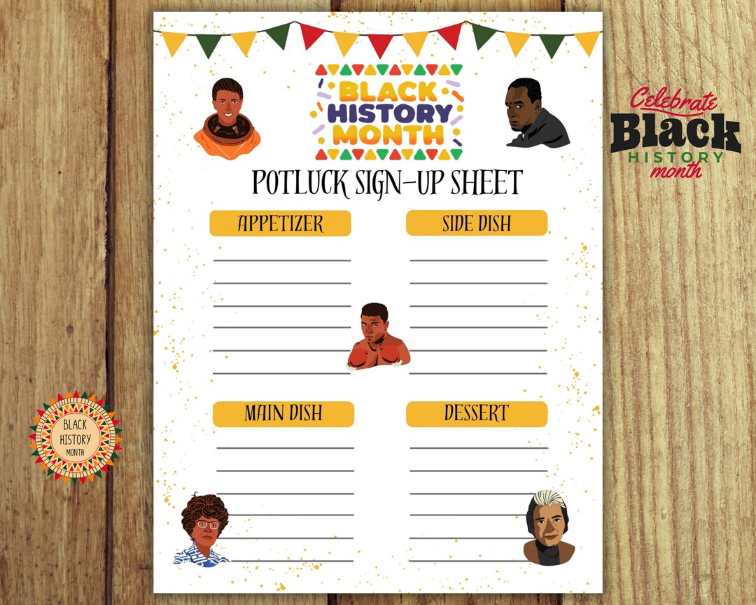 Black History Month Sign up Sheet, Potluck Sign up Sheet, Potluck Sign