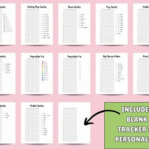 May include: A set of printable habit trackers for bullet journaling. The trackers include water, reading pages, mood, sleep, health, clean, temperature log, my cycle tracker, period, weather, and a blank tracker to personalise.