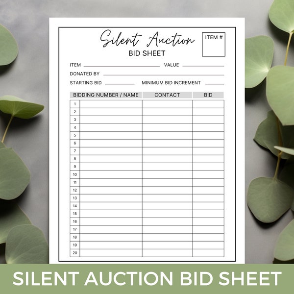 Editable Silent Auction Bid Sheet, Silent Auction Sign Up Sheet, Silent Auction Bid Form, Fundraiser Sheet, Printable Auction Bidding Sheet