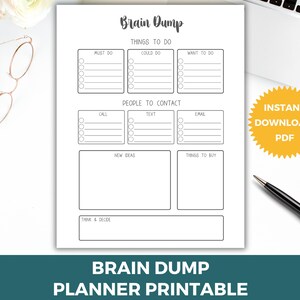 May include: Printable brain dump planner with sections for things to do, people to contact, new ideas, and things to buy. The planner has checkboxes and lines for writing.
