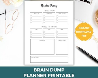Op de afbeelding: Printbare brain dump planner met secties voor dingen om te doen, mensen om te contacteren, nieuwe ideeën en dingen om te kopen. De planner heeft selectievakjes en regels om te schrijven.