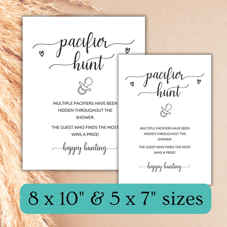 Pode incluir: Duas placas brancas para um jogo de ch&aacute; de beb&eacute; com texto preto que diz "pacifier hunt". As placas est&atilde;o dispon&iacute;veis nos tamanhos 20,3 x 25,4 cm e 12,7 x 17,8 cm. O texto inclui instru&ccedil;&otilde;es para o jogo e a frase "happy hunting".