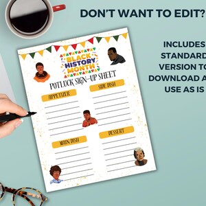 Black History Month Sign up Sheet, Potluck Sign up Sheet, Editable