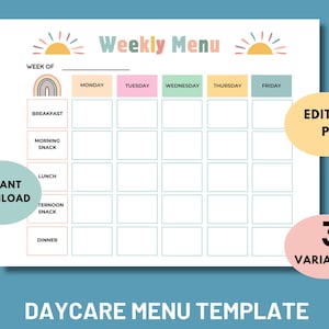 Home Daycare Weekly Menu Editable, Weekly meal planner, Preschool Menu, Home School Meal Planner, Daycare Template, editable menu day care