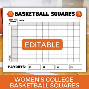 May include: A white printable basketball squares game sheet with an orange "EDITABLE" button. The words "BASKETBALL SQUARES" are at the top, with a basketball graphic on each side. The bottom reads "WOMEN'S COLLEGE BASKETBALL SQUARES".