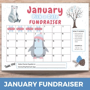 January Fundraiser, PTA PTO Flyer, Cash Calendar, School Fundraiser Calendar, Fundraising Tracker, Winter Fundraising Event, Charity Donate