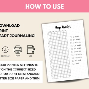 May include: A black and white printable sleep tracker with a grid for each month of the year and a checklist for recording hours of sleep. The text "Sleep Tracker" is at the top of the page. Instructions for downloading, printing, and using the tracker are included.