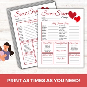 Secret Sister Gift Survey, Printable Secret Sister Form, Secret Sister ...