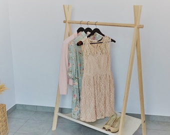 Perchero con estante de lona, almacenamiento de vestir de madera, plegar un estante de marco, perchero de ropa moderno, exhibición de ropa