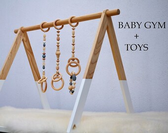 Baby GYM et TOYS, seul cadre ou ensemble, centre d’activités pour bébé avec jouets, arche d’activité pliable, jouet Montessori, partie inférieure des jambes blanche, salle de sport en bois