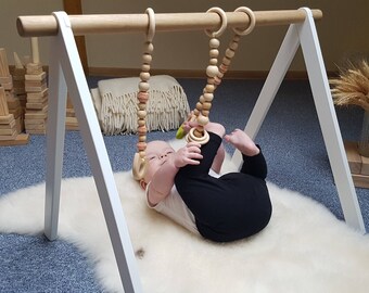 Arche d’activité blanche et en chêne, Centre d’activités pour bébé, Jouet Montessori, Pliable facile, Gymnase scandinave, Gymnase pour bébé en bois, Gymnase de jeu blanc