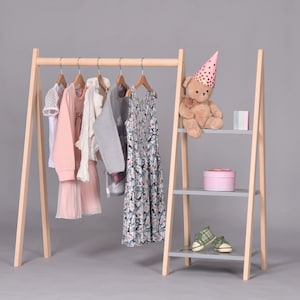Toddler Montessori wardrobe small, KIDS clothing rack, length variations, Dress up storage, Left and right options, grey, white, natural
