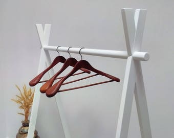 White clothes rack, Garment Wooden stand, Adult Clothing rack, Dress up storage, Fold up A frame rack, Modern Coat rack