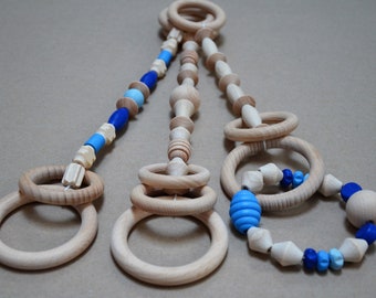 Montessori giocattolo, giocattoli per bambini palestra, Set di 3 giocattoli, giocattolo del bambino attività centro, arco giocattoli, verde, blu, rosa, bianco, grigio, puro legno, giocattoli in legno palestra