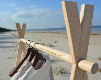 Houten kledingrek, Vrijstaande kledingopslag, Opklapbaar framerek voor markten en beurzen Modern kledingrek Gravure mogelijk