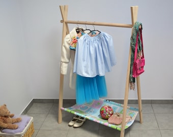 Kids Clothing rack, Clothes rack with canvas, Wooden rack, Dress up storage, Fold up A frame rack, Modern clothing rack, Girls Display rack