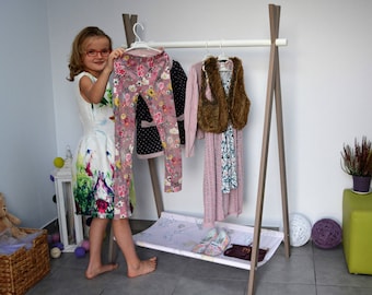 Kids Clothing rack, Wooden rack, Clothes rack with canvas, Childrens room, Dress up storage rack, Fold up A frame rack, Modern clothing rack