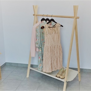 Clothes rack with canvas shelf, Wooden Dress up storage, Fold up A frame rack, Modern clothing rack, Clothes display
