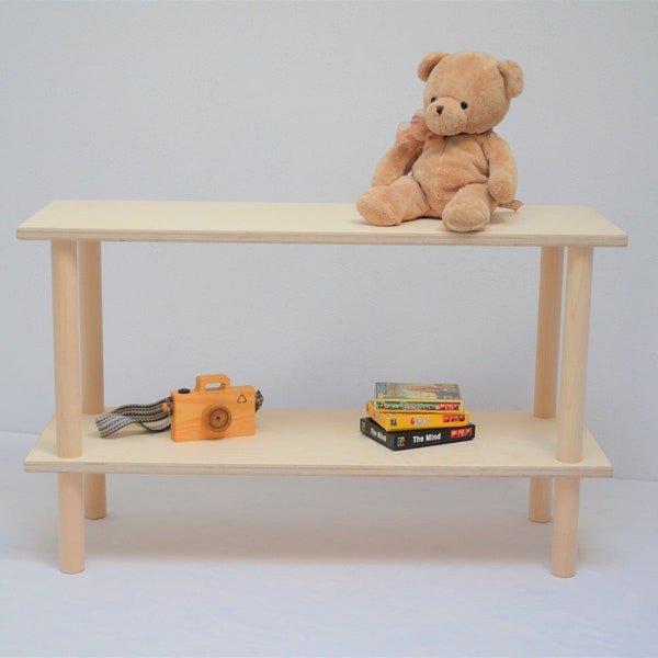 Wooden shelf nursery, modern book toy storage, bookcase, low kids shelf