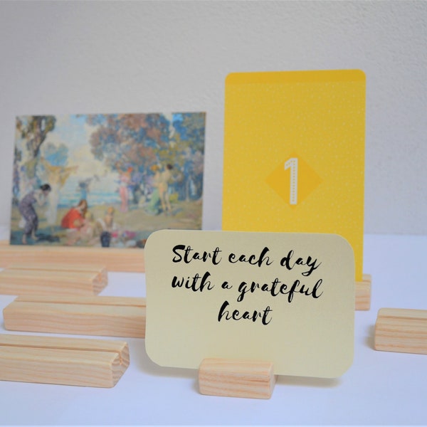 Photo holders 7pcs set, wood card stand, sign picture stand, different sizes, affirmation card holder, place card display, table decor