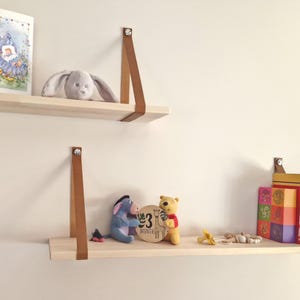 Nursery Decor Shelf, Minimalist Wall Decoration, Bookshelf, Wooden Floating shelf with leather straps, Natural wood shelf, 5 size options,