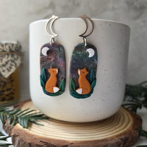 Fuchs Ohrringe mit Galaxie Himmel und Blättern / Natur Wald und Wald