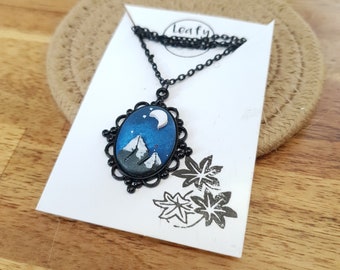 Mountains scene black necklace cabochon / handmade from polymer clay / nature jewelry pendant