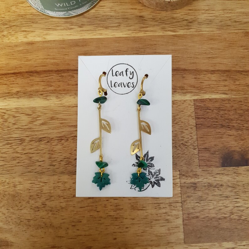 Maple leaves earrings with leaves charm / nature woodlands forestcore Green + golden