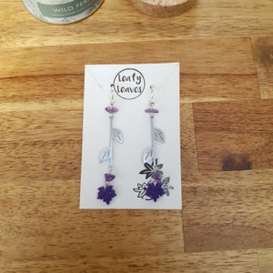 Maple leaves earrings with leaves charm / nature woodlands forestcore Purple + silver