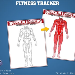 Seguimiento de objetivos de fitness imprimible: seguimiento de entrenamiento, tabla de músculos para colorear, seguimiento de motivación, tamaños de papel Carta, A4 y A5.