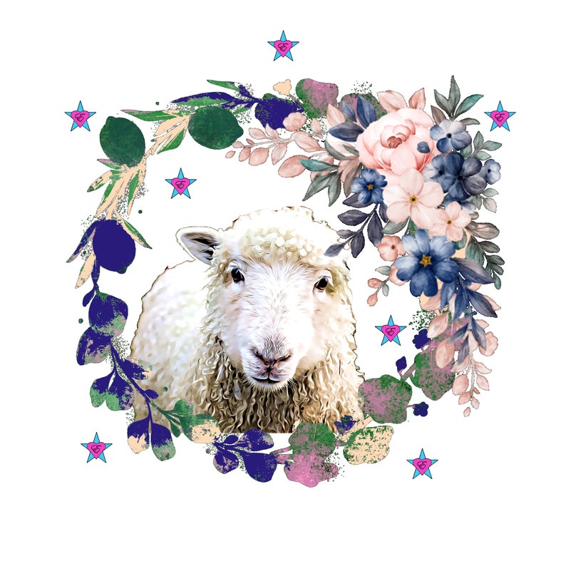 Digital Design Digital Files Watercolor Art| Cute Sheep with Flower Wreath File Instant Download