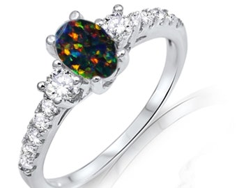 Vintage Natural Black Opal Ring-14K White Gold Vermeil Ring Engagement Promise Ring October Birthstone-Elegant Anniversary Verjaardagscadeau