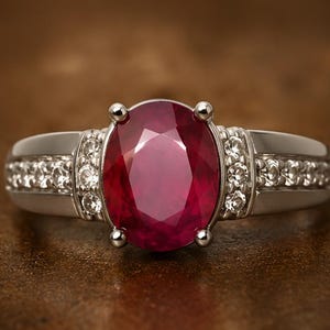May include: A silver-toned ring featuring a large, oval-cut deep red gemstone at the centre, held by four prongs. The band is accented with a row of small, clear, round-cut stones embedded along each side of the central setting in a channel.