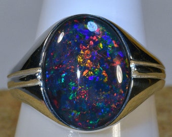 Zwarte opaal ring, unieke edelsteen, 925 sterling zilver, zware ring, ovale steen, natuurlijke edelsteen, handgemaakt item, ambachtelijke ring