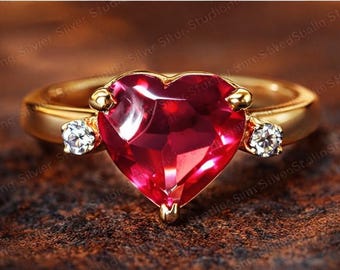 Gold Heart Ruby Ring, Diamond Accent Anniversary Gift for Her, Romantic Fine Jewelry