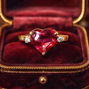 Gold Heart Ruby Ring, Diamond Accent Anniversary Gift for Her, Romantic Fine Jewelry image 2