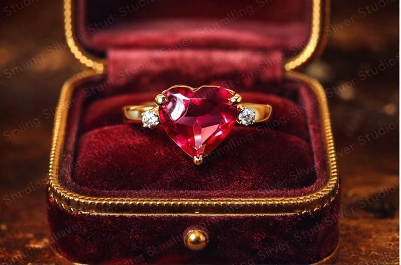 Gold Heart Ruby Ring, Diamond Accent Anniversary Gift for Her, Romantic Fine Jewelry image 2