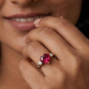 Gold Heart Ruby Ring, Diamond Accent Anniversary Gift for Her, Romantic Fine Jewelry image 7