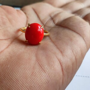 Solitaire Red Coral Ring, 14K Gold Coral Ring, Coral Wedding Rings, Gemstone Jewelry, Birthstone Ring, Handmade Coral Ring, Gift For Mother