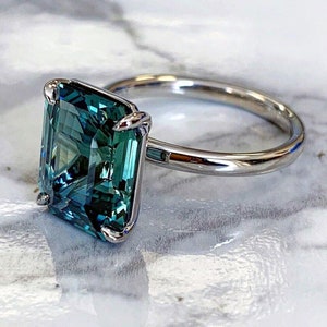 Teal sapphire ring. Peacock blue green sapphire ring 4ct cushion sapphire Silver ring 14k White gold Plated Ring STATMENT RING
