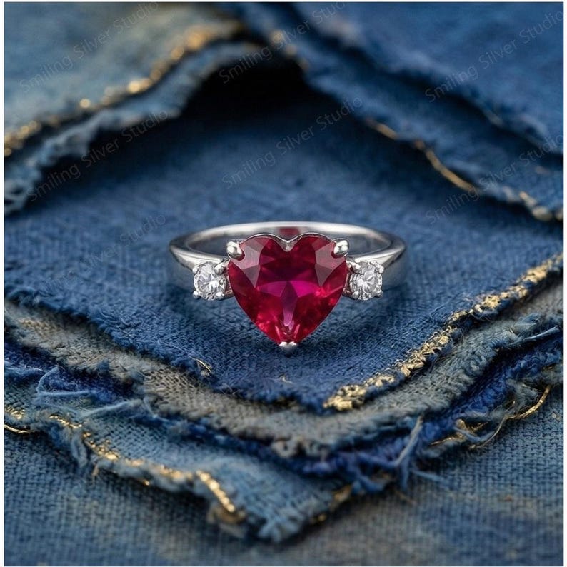 Gold Heart Ruby Ring, Diamond Accent Anniversary Gift for Her, Romantic Fine Jewelry image 8