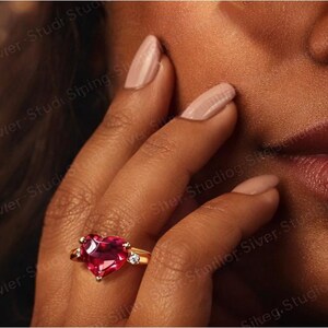 Gold Heart Ruby Ring, Diamond Accent Anniversary Gift for Her, Romantic Fine Jewelry image 3