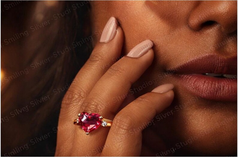 Gold Heart Ruby Ring, Diamond Accent Anniversary Gift for Her, Romantic Fine Jewelry image 3