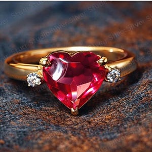 Gold Heart Ruby Ring, Diamond Accent Anniversary Gift for Her, Romantic Fine Jewelry image 4