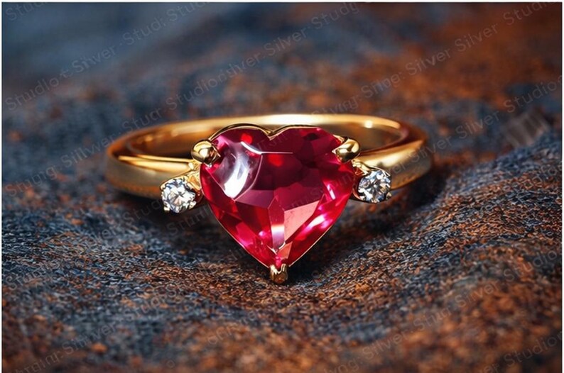Gold Heart Ruby Ring, Diamond Accent Anniversary Gift for Her, Romantic Fine Jewelry image 4